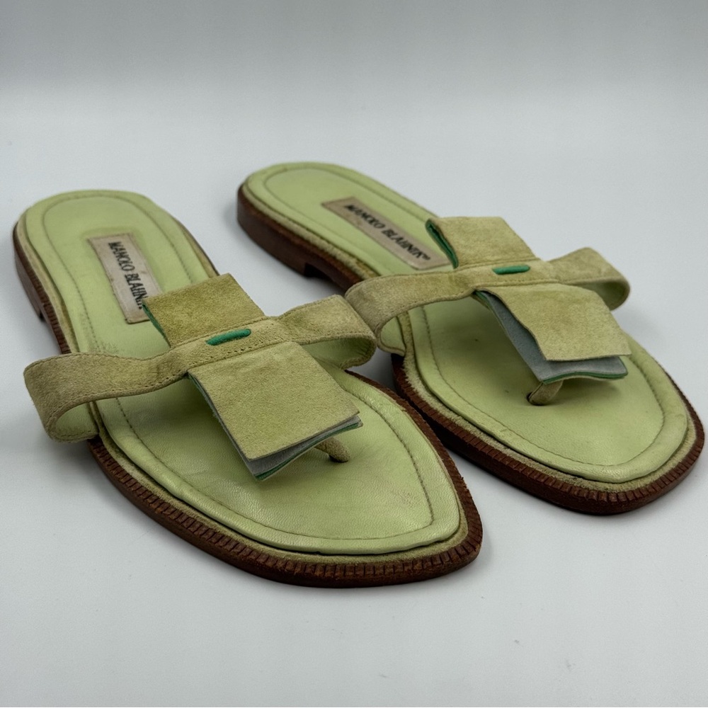 Manolo Blahnik Light Green Suede Toe-Loop Sandals